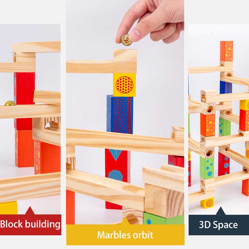 Close-up of a wooden ball track stacking blocks toy set, showcasing vibrant colors and smooth finish