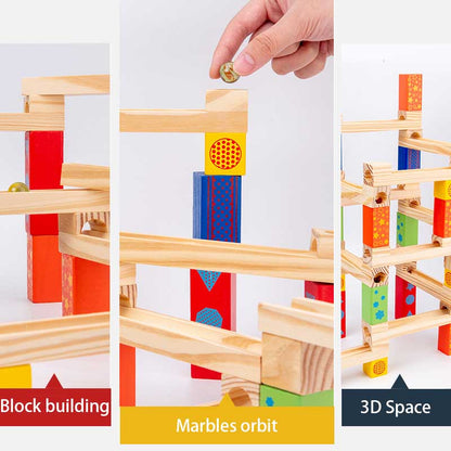 Close-up of a wooden ball track stacking blocks toy set, showcasing vibrant colors and smooth finish