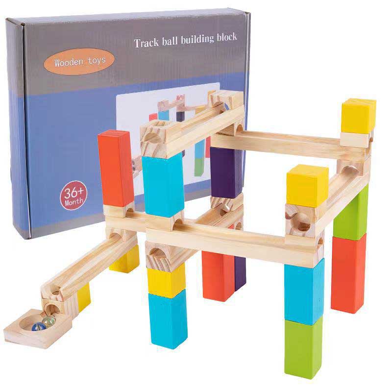 Wooden stacking blocks and ball track toy set, ideal for developing fine motor skills in young children