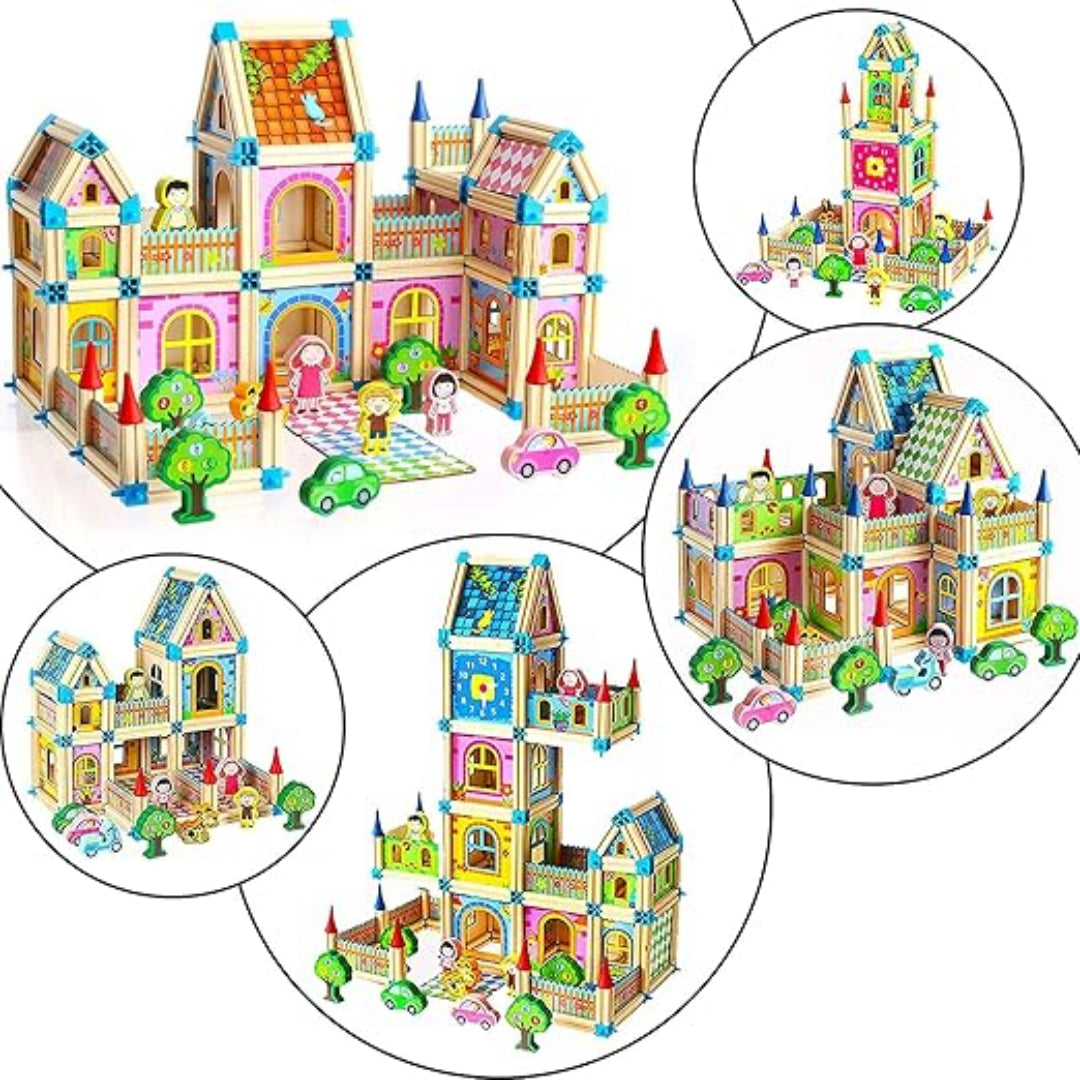 Close-up of a child's hands assembling a wooden toy, a creative construction set for ages 3+.