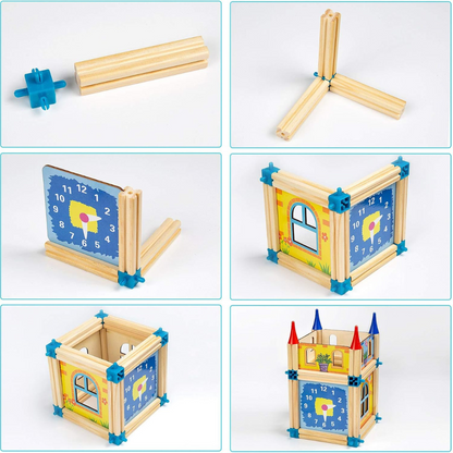 Vibrant wooden construction set with instruction booklet, perfect for creative and educational play.