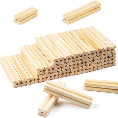 Assortment of sustainable wooden toys, building blocks for a children's creative construction set.