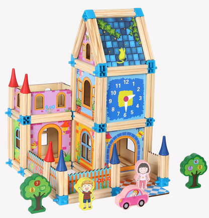 Happy child playing with a new wooden construction set, a great children's gift for creative development.