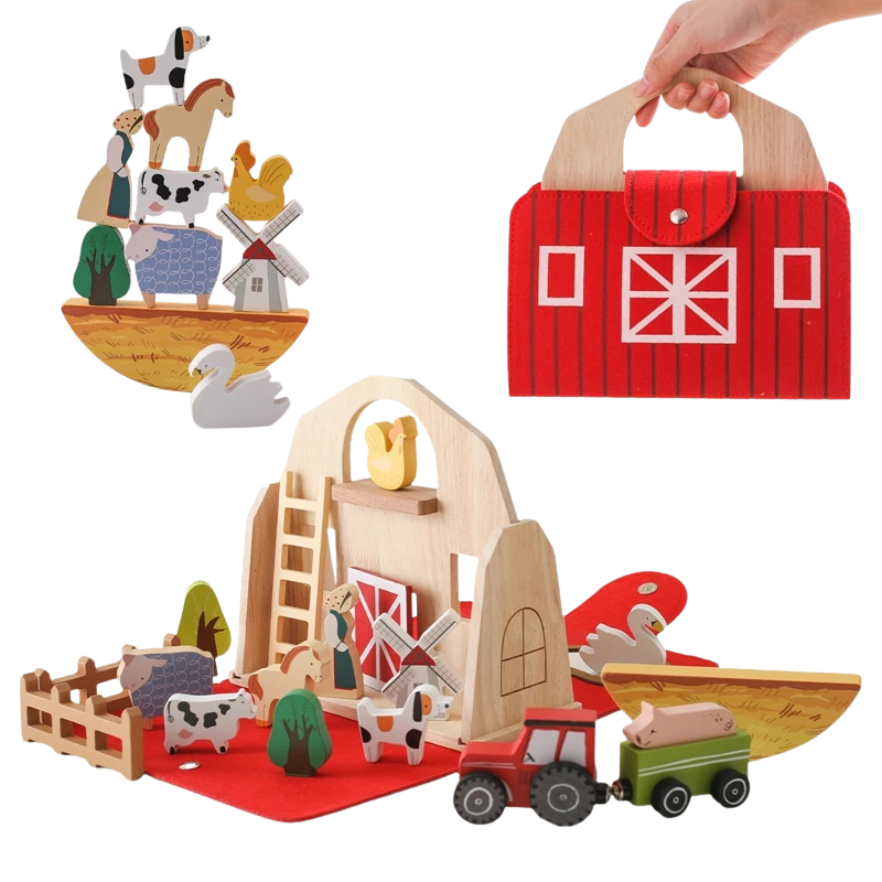 Kids learning through play with wooden farm animal blocks
