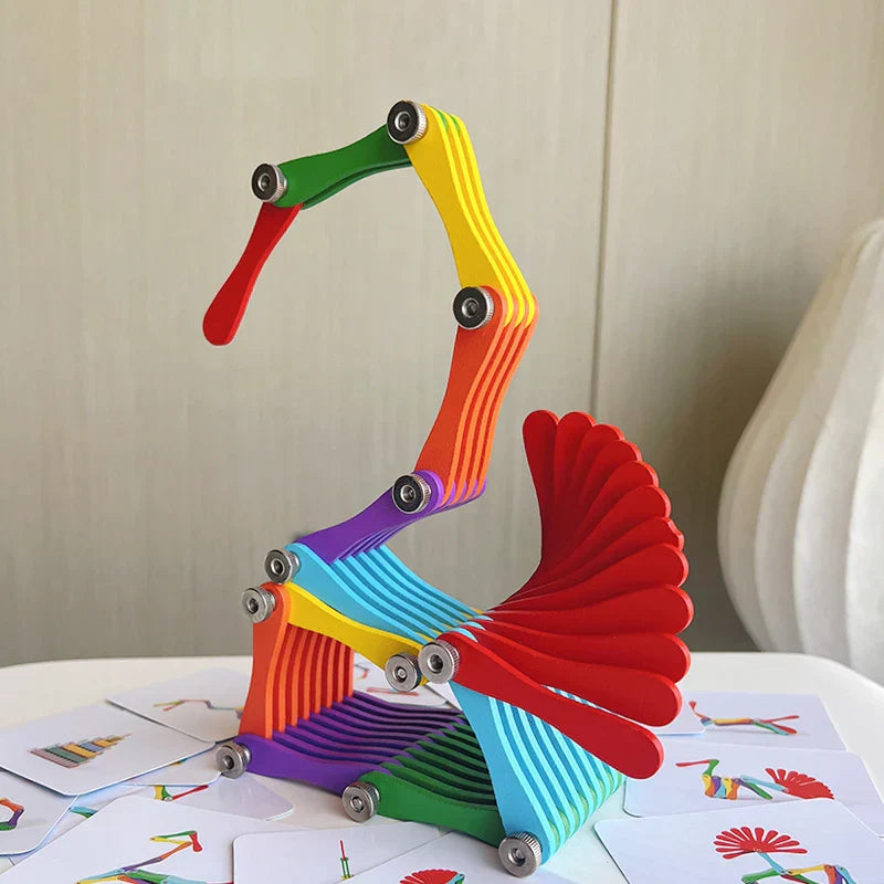 Colorful wooden folding puzzle for kids, promoting logic and creative play. An educational STEM toy.