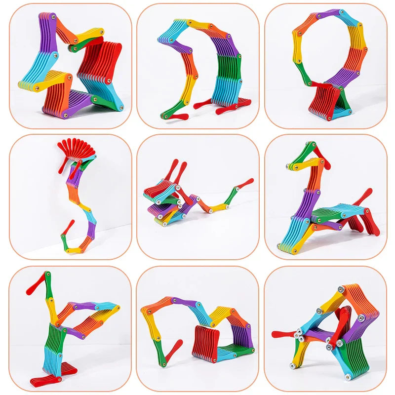 Educational wooden puzzle toy, featuring hinged sections for creative play and problem-solving skills for children.