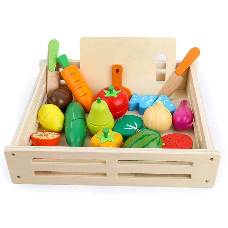 Colorful wooden fruit and vegetable play set with cutting board & knife, great for kids kitchen pretend play