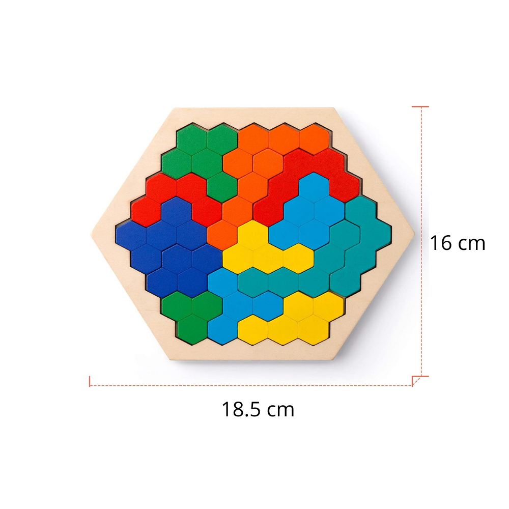 Kids' developmental wooden hexagon brain teaser puzzle toy with various shapes
