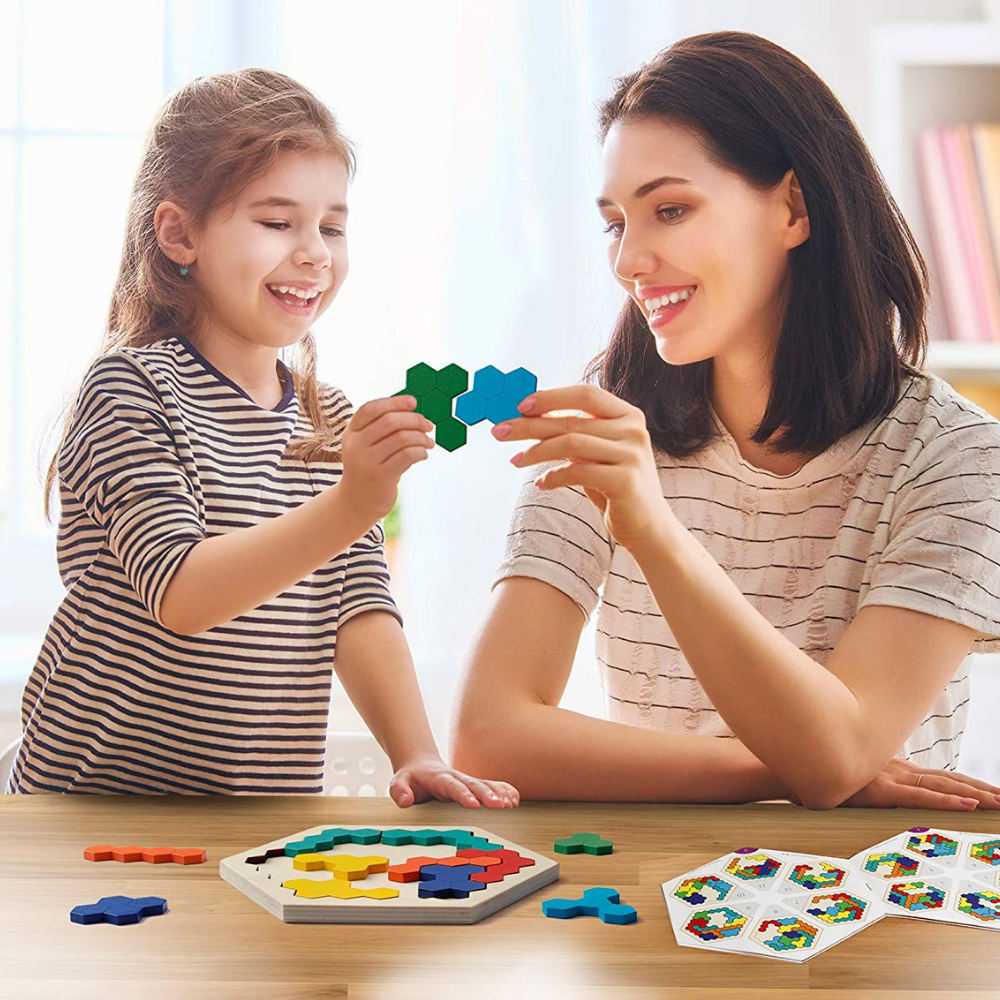 Educational learning game: wooden geometric hexagon puzzle, a vibrant kids' toy