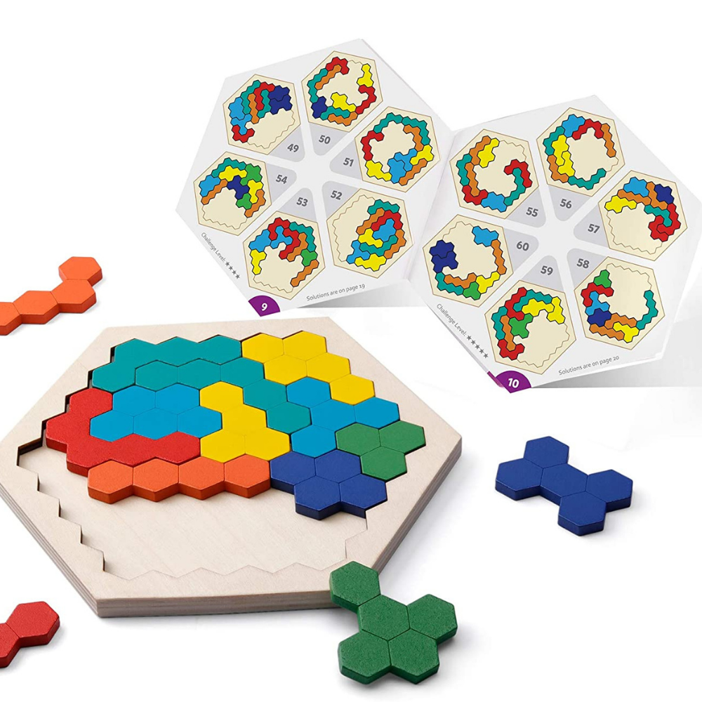 Toddler wooden hexagon puzzle, a geometric brain teaser and educational toy