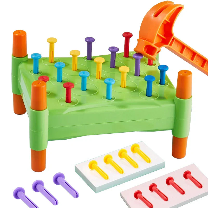 Colorful wooden hammer tap toy for toddlers, enhancing motor skills and color recognition.