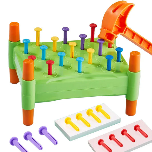 Colorful wooden hammer tap toy for toddlers, enhancing motor skills and color recognition.