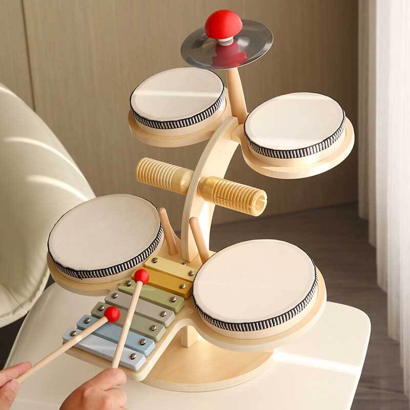 Colorful wooden kids' drum set with cymbals & sticks, educational musical toy for toddlers.