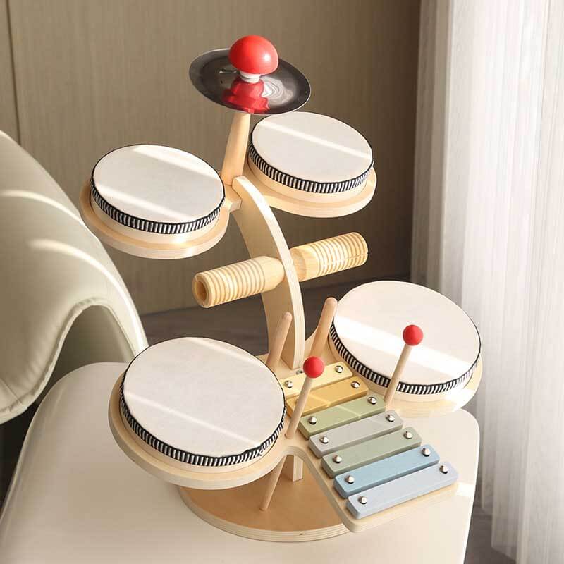 Complete kids' musical instrument set made of wood, an ideal gift for young percussionists.