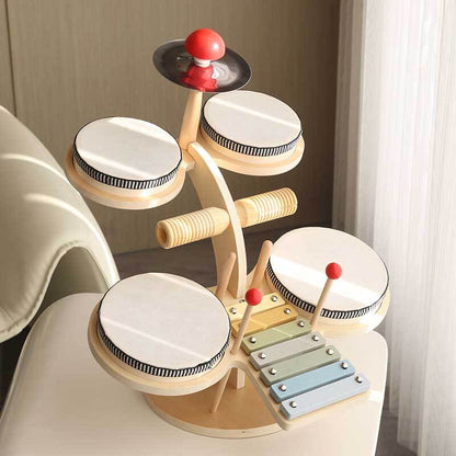 Complete kids' musical instrument set made of wood, an ideal gift for young percussionists.