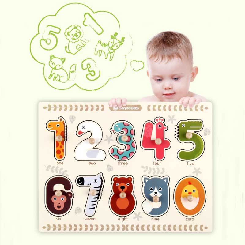 Colorful wooden number puzzle with animal shapes; educational toy for preschool kids