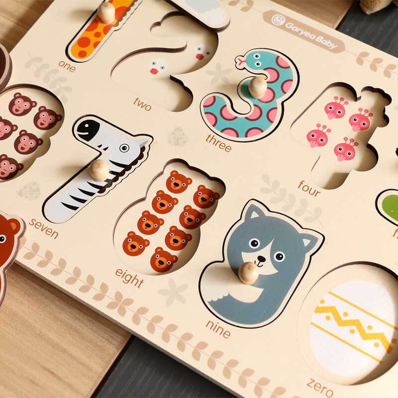 Educational wooden puzzle featuring numbers 1-10 and various animal illustrations for kids