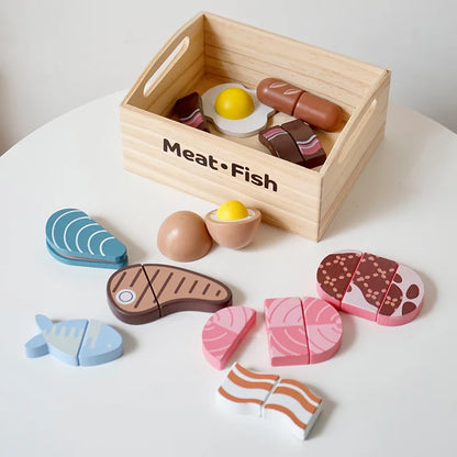 Colorful wooden play food set with various fruits and vegetables for kids kitchen role play.