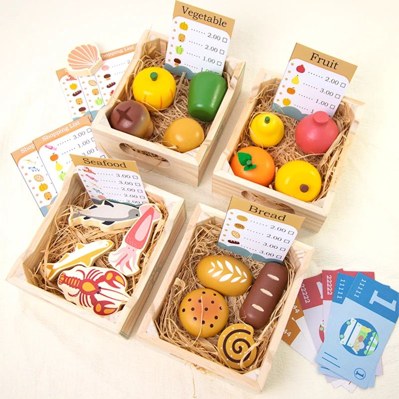 High-quality wooden play food set in a storage crate, perfect for organizing after creative kitchen play.