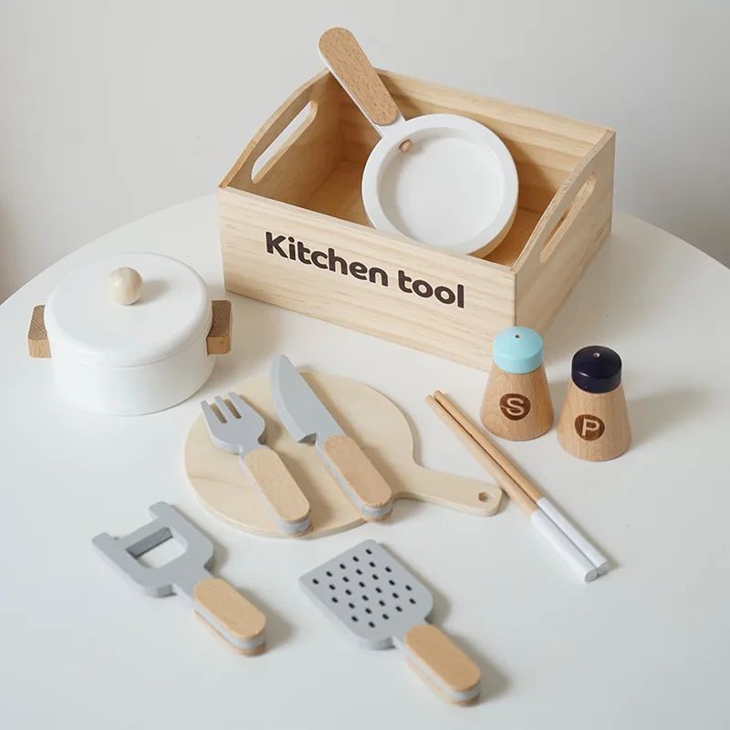 Kids' wooden play food set featuring a diverse range of items for collaborative pretend cooking.
