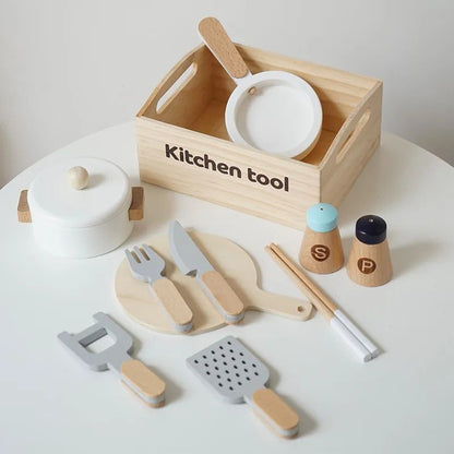 Kids' wooden play food set featuring a diverse range of items for collaborative pretend cooking.