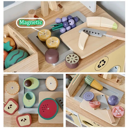 Educational wooden play food set featuring a variety of desserts and pastries for creative play.