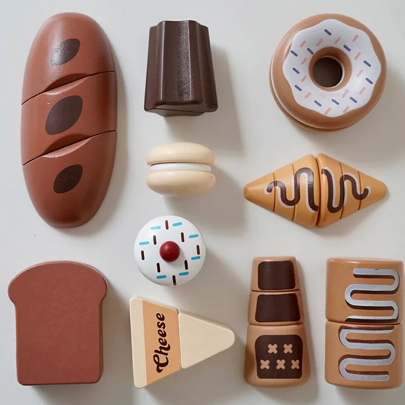 Wooden toy food assortment, perfect for kids' kitchen, promoting fine motor skills and role play.