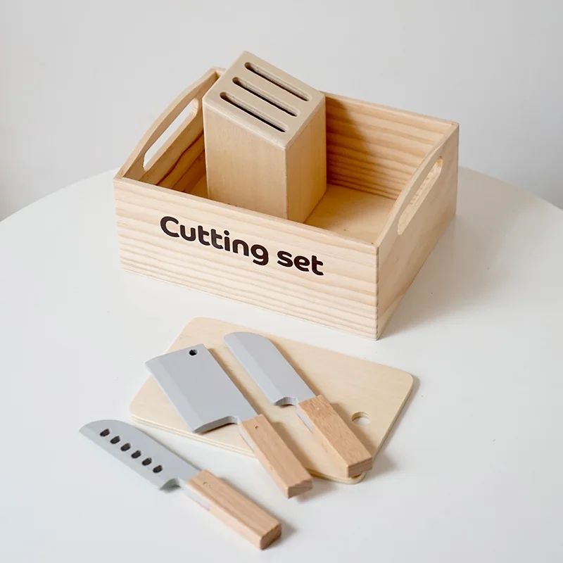 Complete wooden play food kitchen set with cutting board & knife for realistic pretend meal prep.