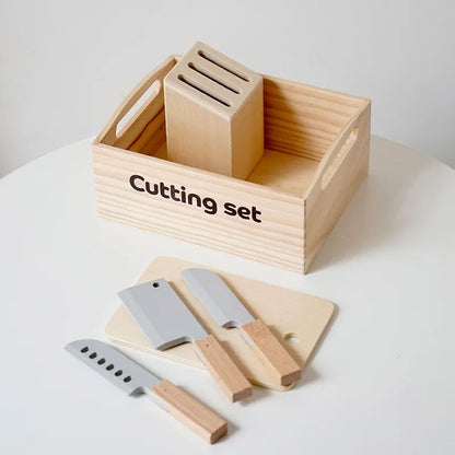 Complete wooden play food kitchen set with cutting board & knife for realistic pretend meal prep.