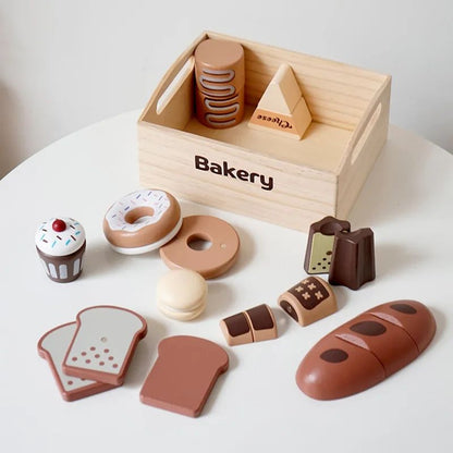 Vibrant wooden play food with hook-and-loop fasteners for easy 'slicing' during role play activities.