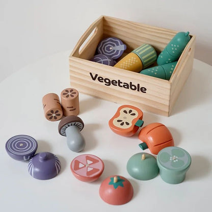 Assorted wooden play food pieces representing breakfast items, ideal for children's pretend play.