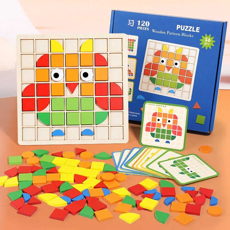 Colorful wooden puzzle blocks for kids, promoting early learning & cognitive development