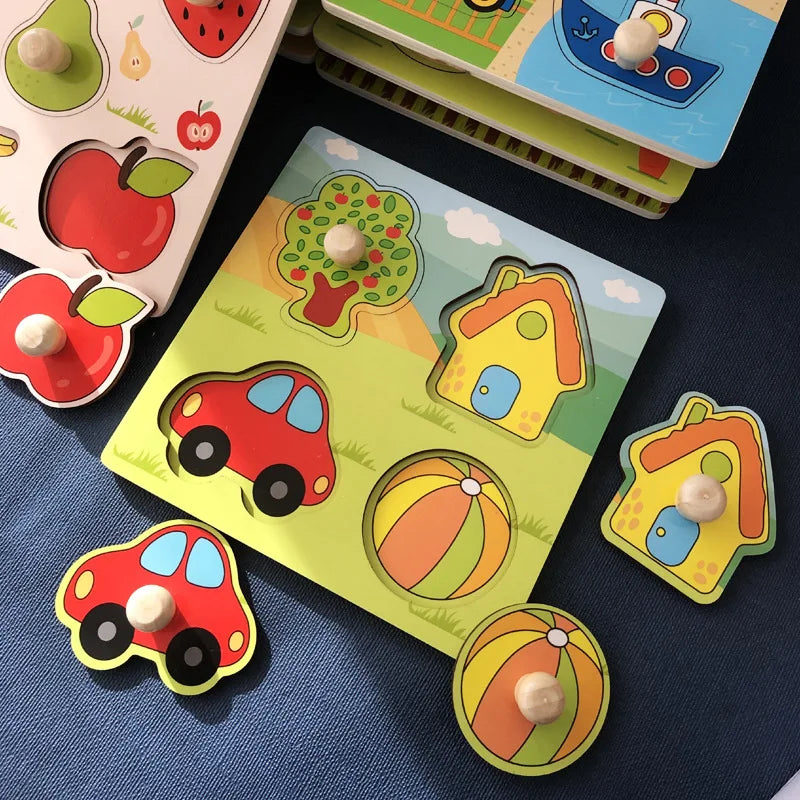 Toddler learning puzzle with chunky wooden pieces, ideal for preschool cognitive development