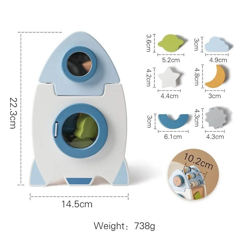 Preschool children's wooden rocket stacking toy set, enhancing early learning and development.