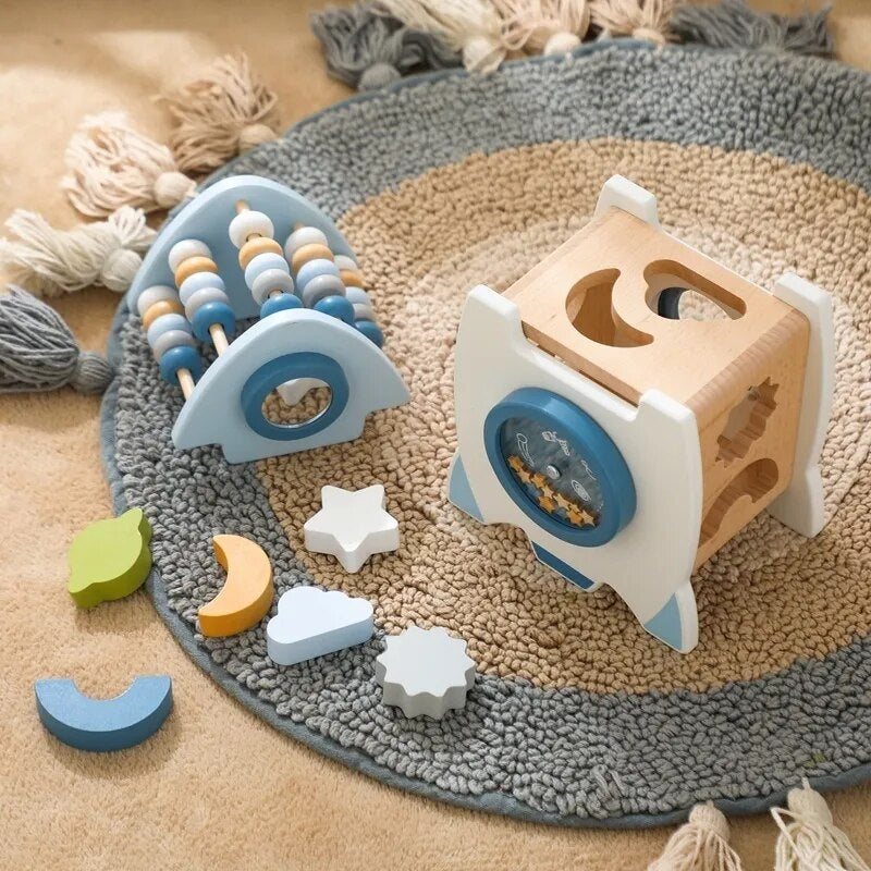 Rocket-themed wooden block set, an engaging educational toy for building and stacking fun.