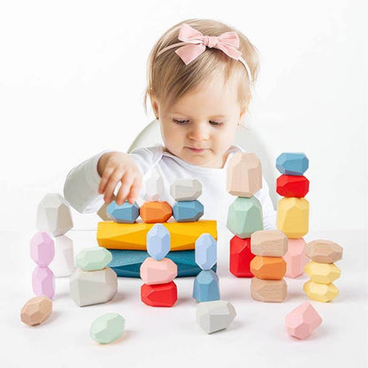 Colorful wooden stacking balancing rock blocks set for toddlers, Montessori educational toy.