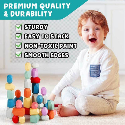 Wooden stacking blocks in various shapes, an educational balancing toy for young children.