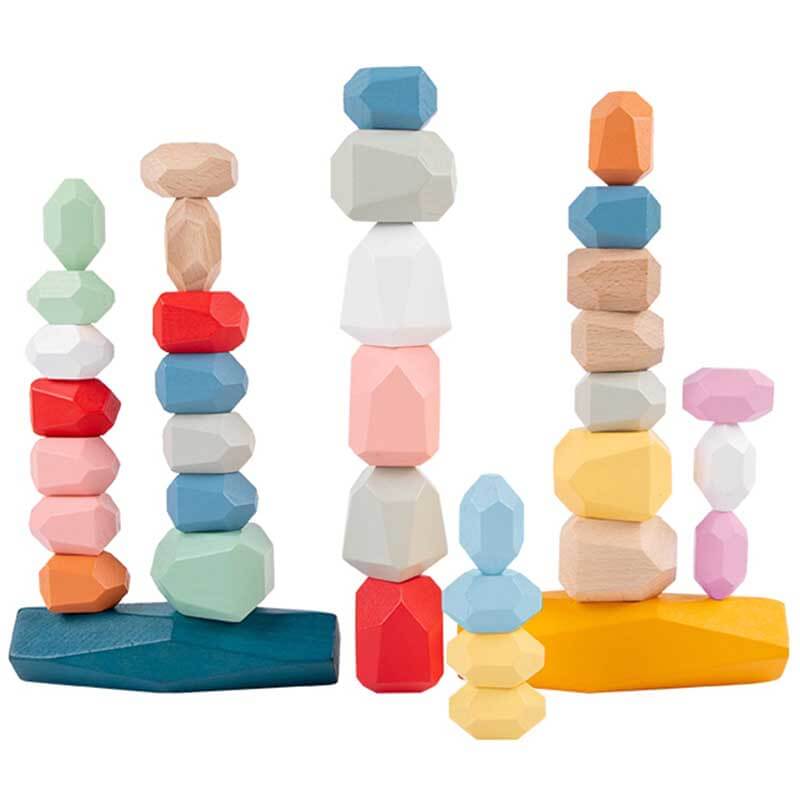Assorted wooden stacking blocks, an ideal educational toy for toddlers and preschoolers.