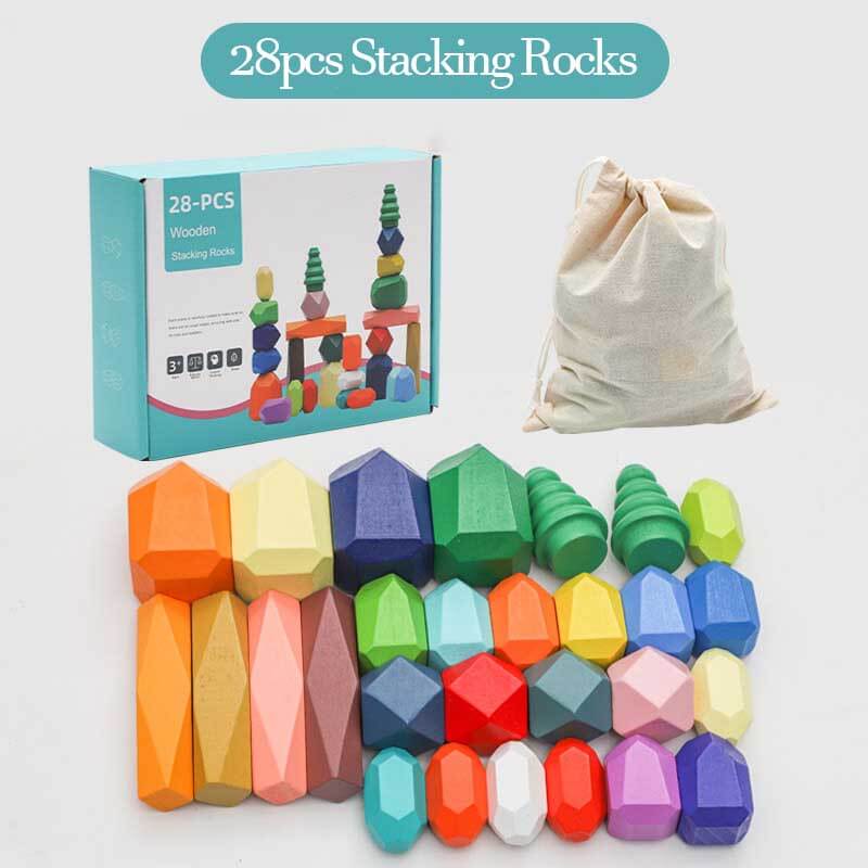 Montessori-inspired wooden balancing rock blocks, perfect for early childhood development.