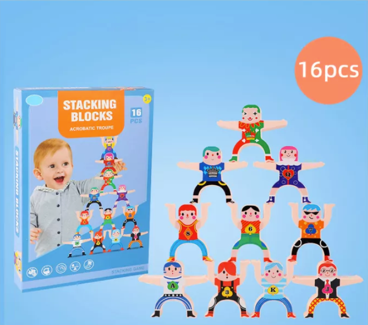 Kids playing with educational wooden block stacking game, promoting interactive family fun