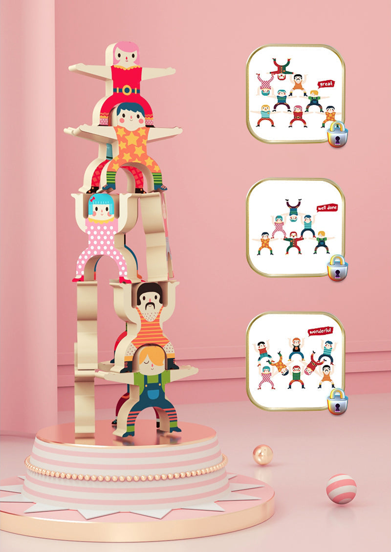 Developmental wooden stacking game for kids, featuring vibrant blocks to build fine motor skills