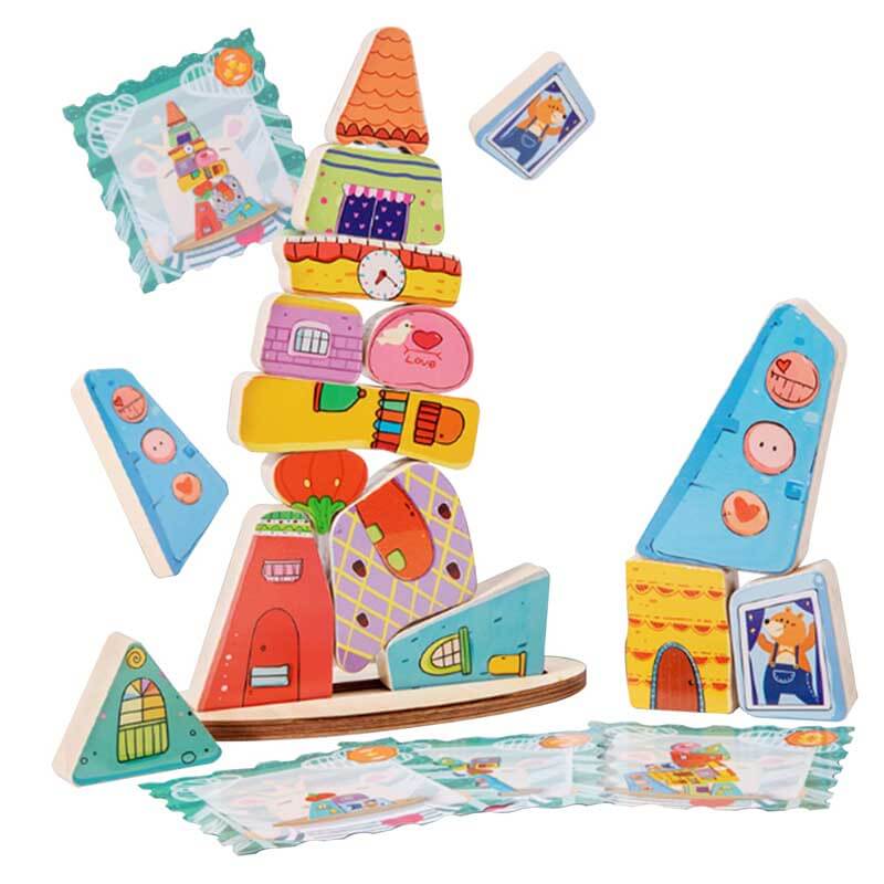 Colorful wooden stacking house toy for toddlers, depicting various block shapes for early learning.