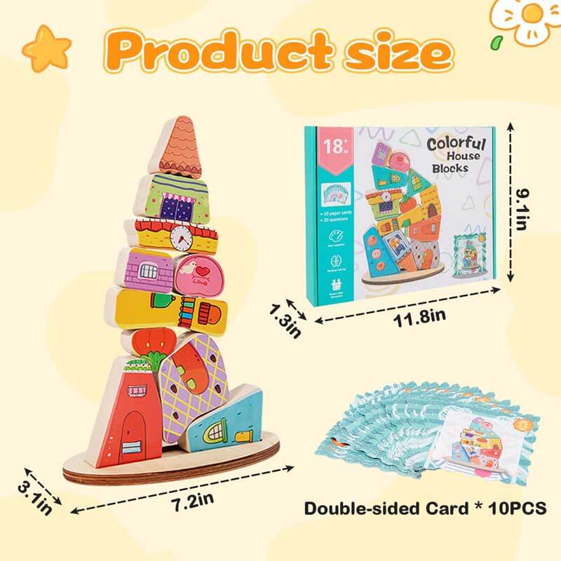Kids' educational wooden house stacking toy with numbered blocks, teaching sorting and counting skills.