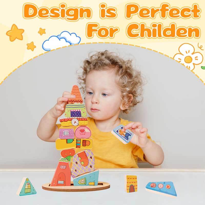 Close-up of a wooden house stacking toy, showcasing smooth, child-safe blocks for preschool play.