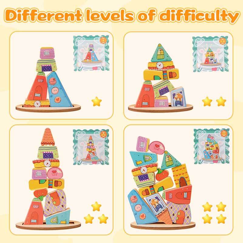 Toddler engaged in creative play with a wooden house stacking and sorting game, enhancing motor skills.
