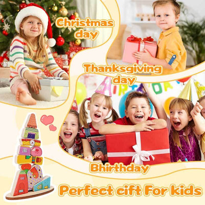 Complete set of a wooden house stacking toy, featuring a base and various blocks for hands-on learning.