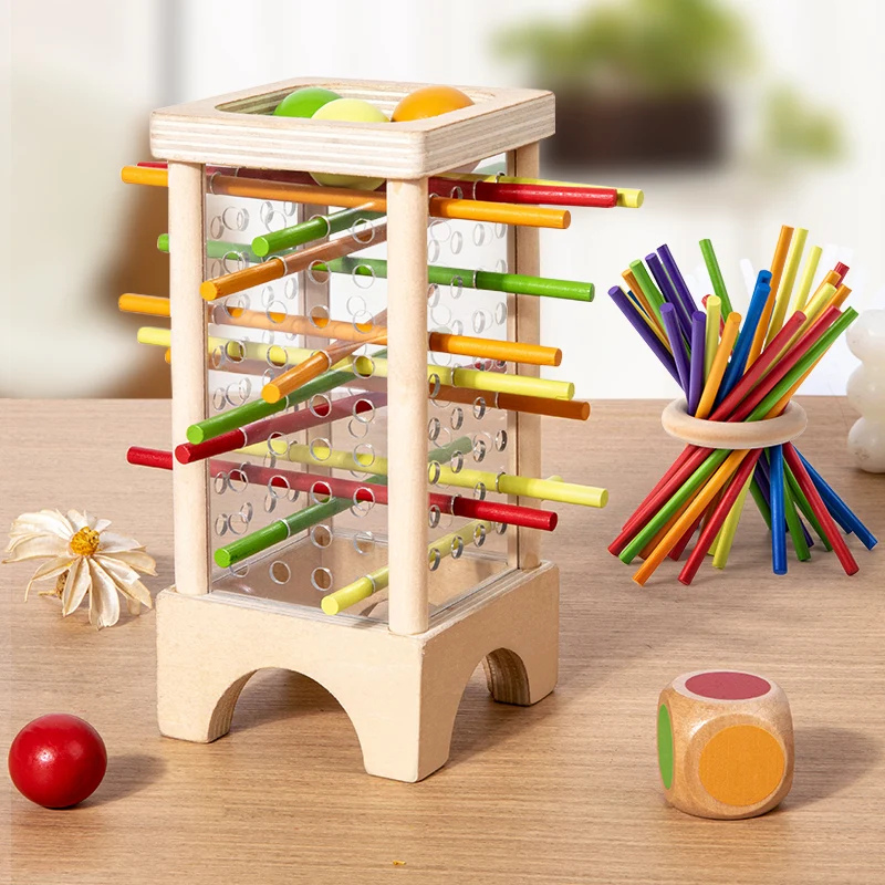 Colorful wooden stacking sticks game for kids, promoting fine motor skills and family fun