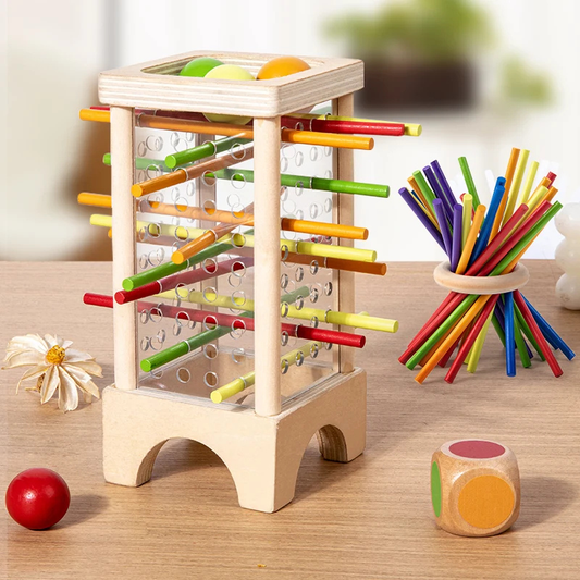 Colorful wooden stacking sticks game for kids, promoting fine motor skills and family fun