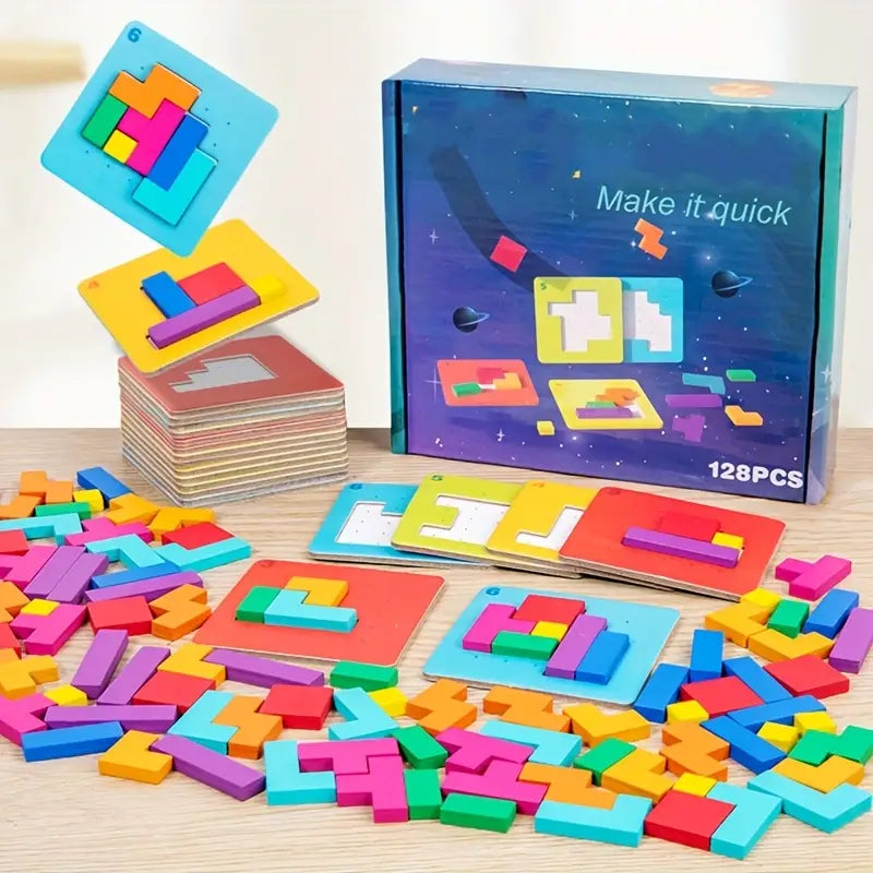Colorful wooden tangram puzzle set for kids, engaging educational brain teaser toy.