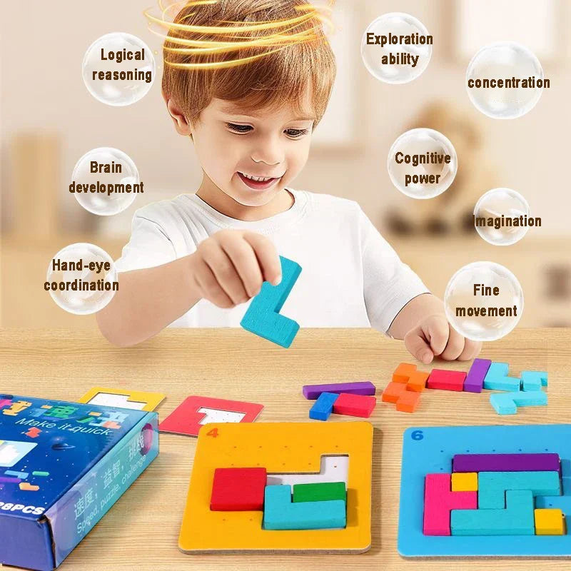 Kids' educational wooden tangram puzzle with geometric shapes, promoting creative play.